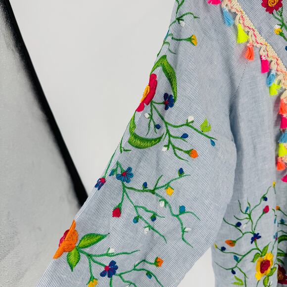 PONG 100% Cotton Embroidered Tassel Tunic Swim Cover Up Blue Stripe Floral M - Picture 5 of 9
